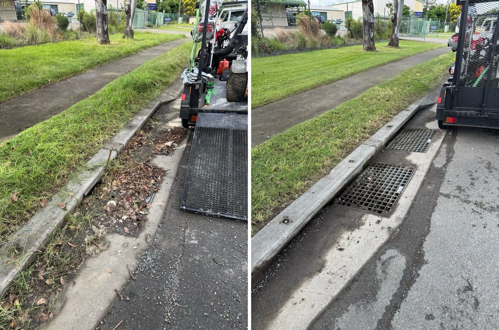 Industrial kerb and stormwater grate before and after clearing at Bethania