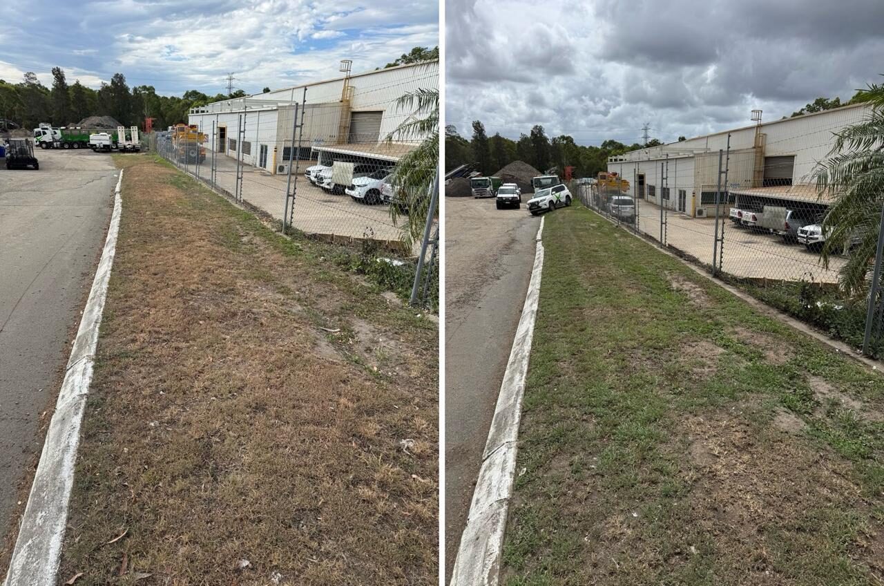 Internal grass strip along the workshop fence line before and after