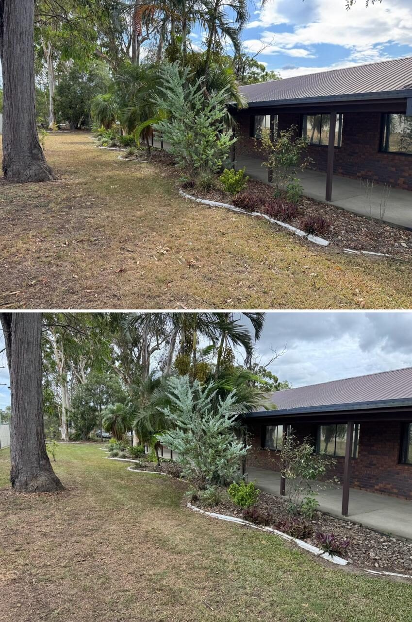 Office frontage lawn and garden bed before and after