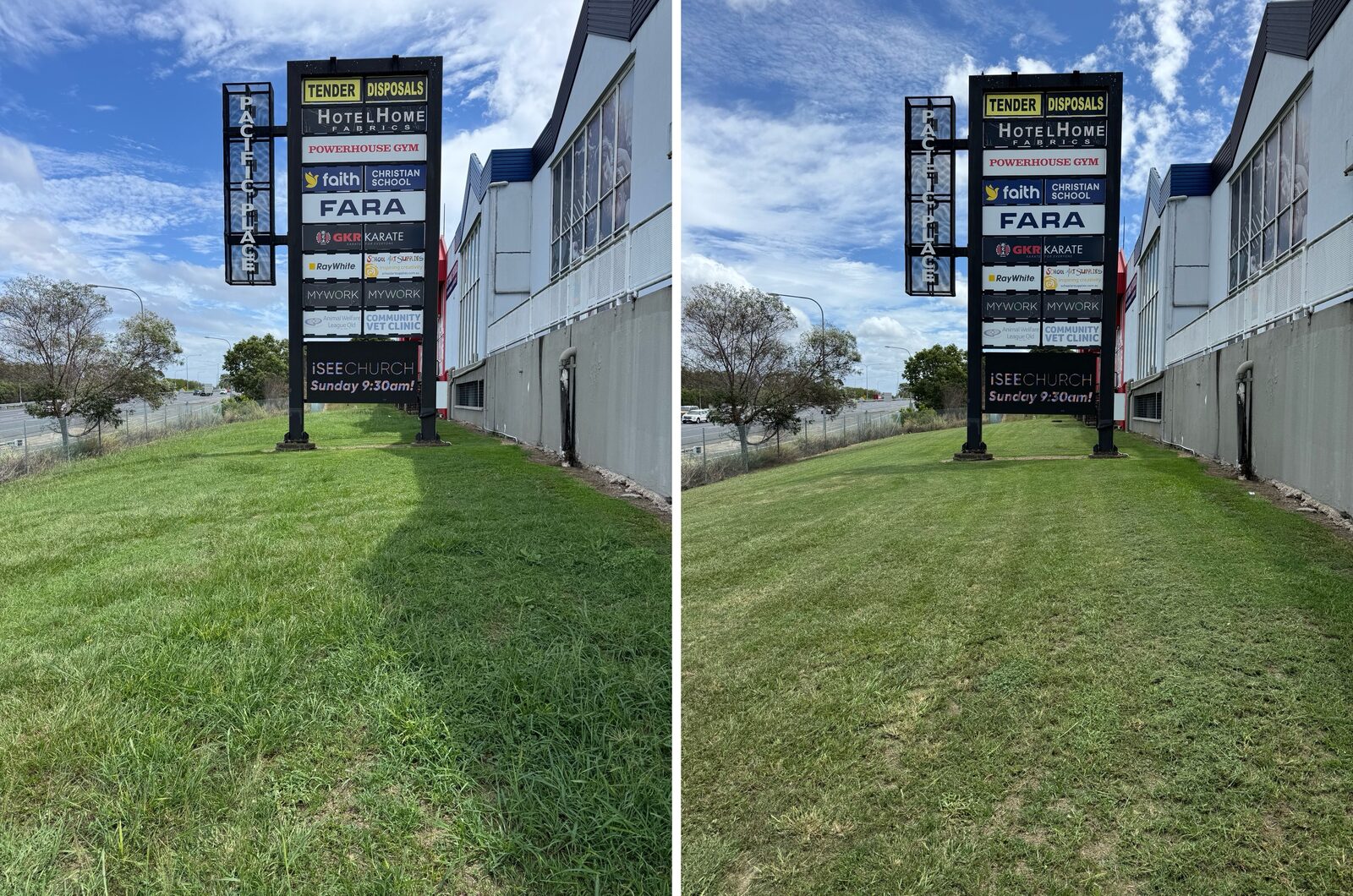 Grounds around the pylon sign before and after mowing