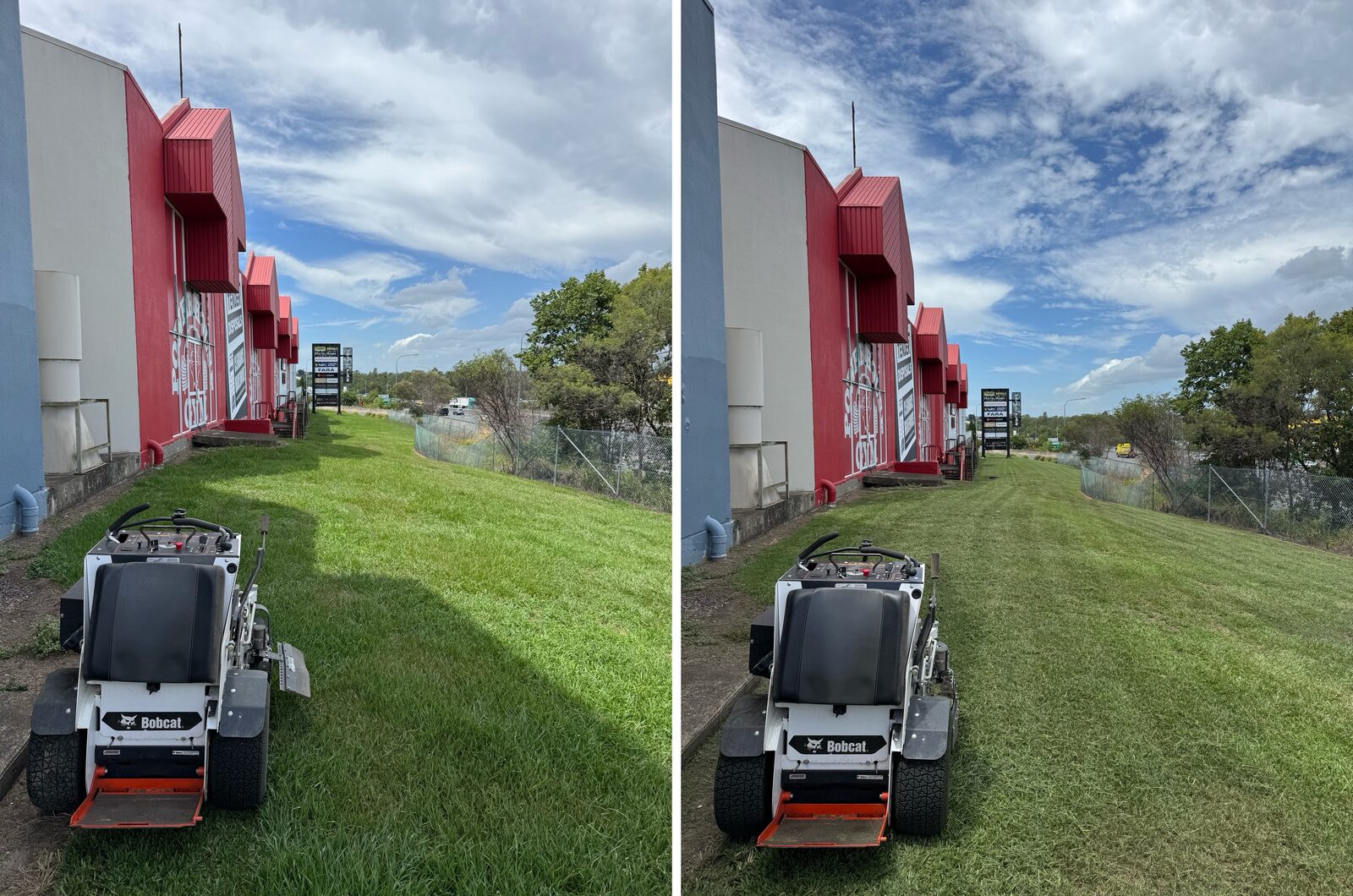 Commercial unit frontage grass strip before and after mowing