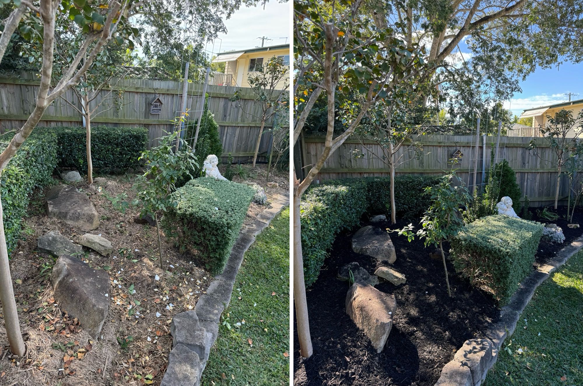 Ornamental garden transformation with Carbon Black Cyprus Mulch in Slacks Creek