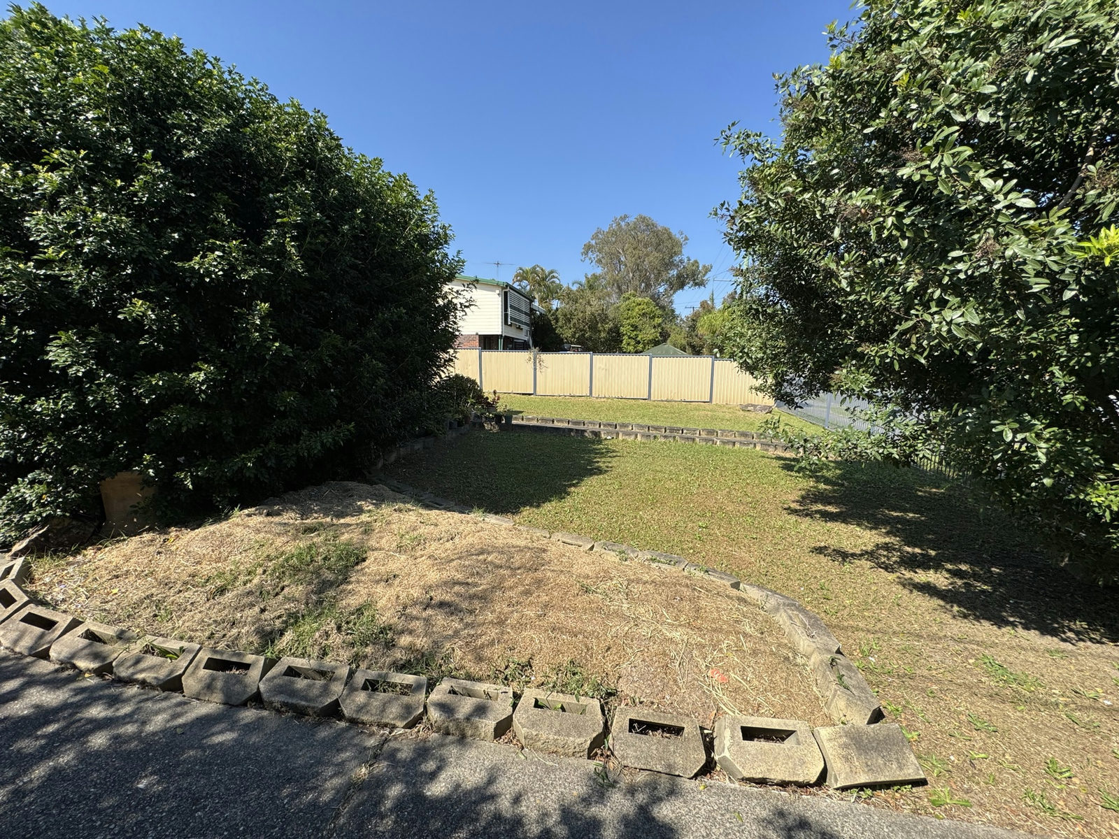 The Marsden back lawn mown with the concrete block edging and garden bed line visible again