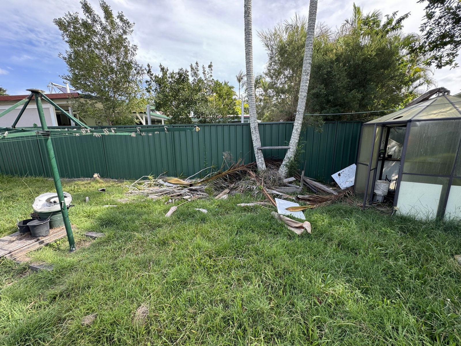 Overgrown back corner of a Waterford West yard with timber and building debris hidden in long grass